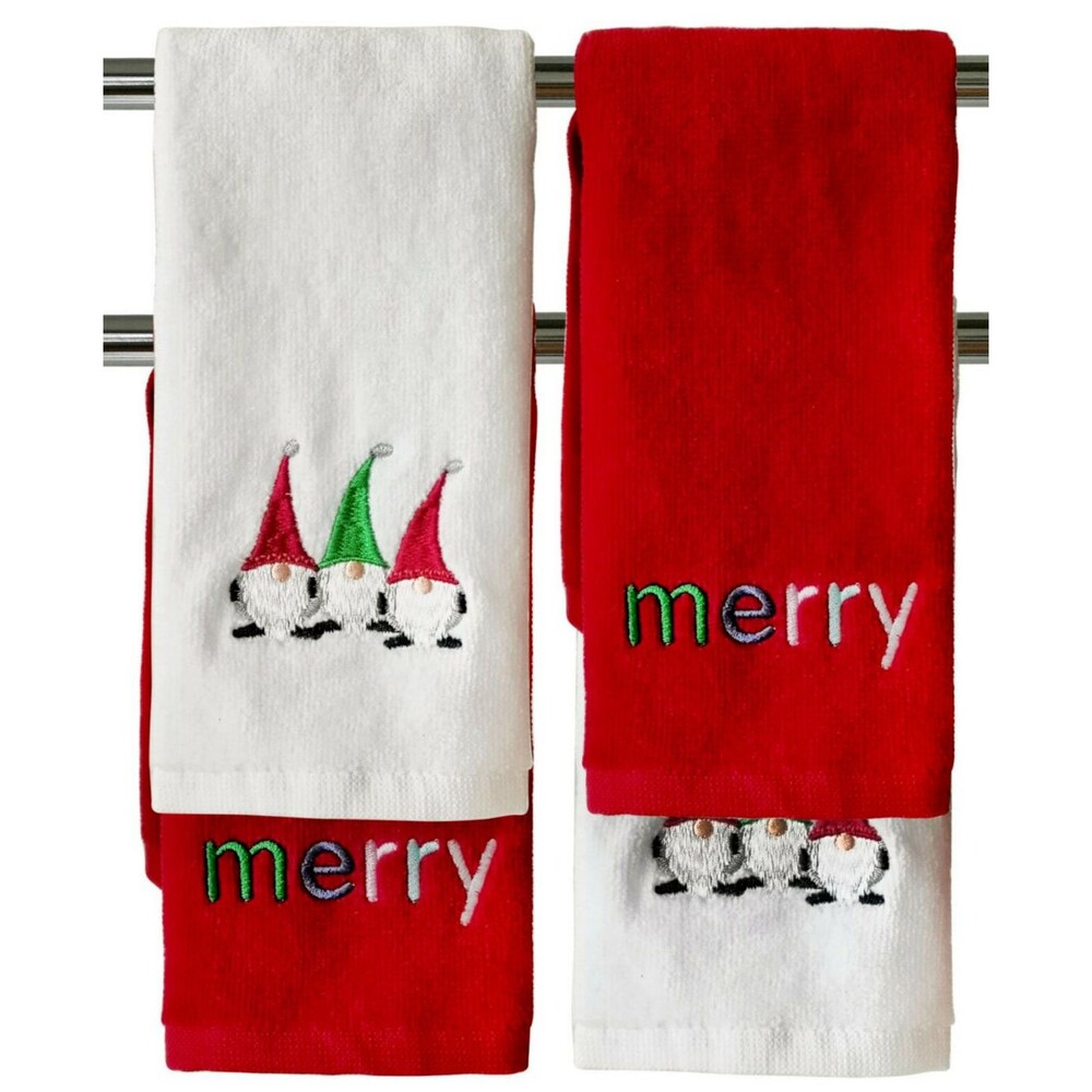 Merry Merry Gnomes Fingertip Towels Winter Holiday Embroidered Set of 4